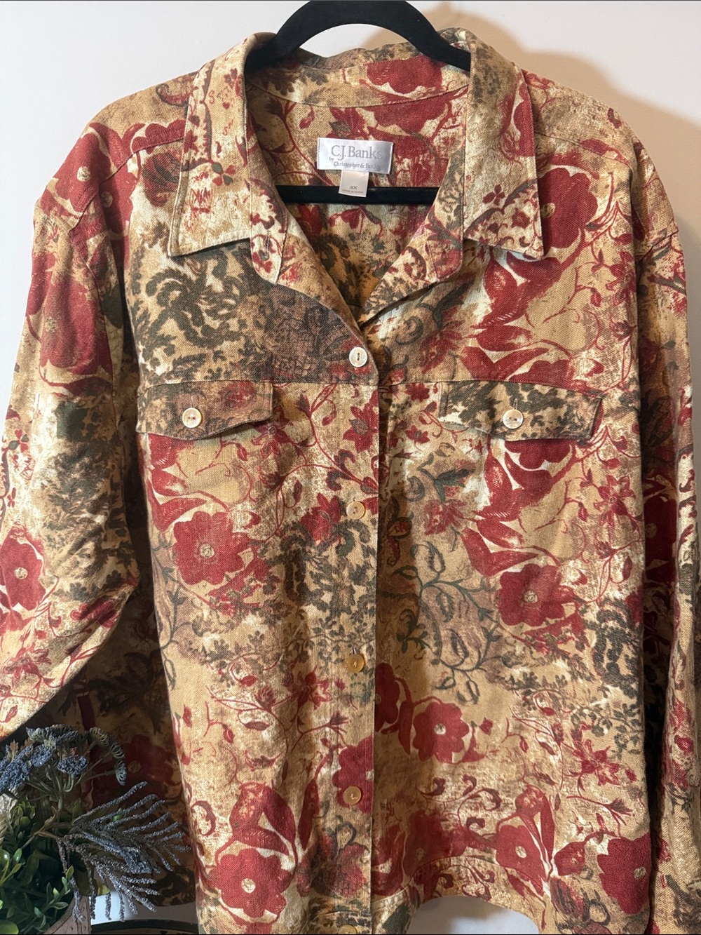 Vintage CJ Banks Floral Button-Front Jacket in Red and Tan cotton